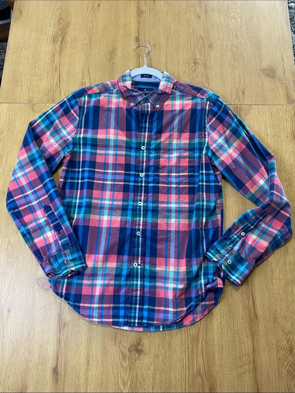 American Eagle Outfitters Plaid Button-Down Shirt in Blue and Pink